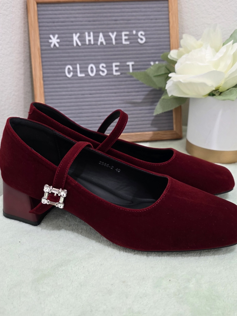 Cotton Candy Burgundy Velvet Mary Jane Block Heels with Rhinestone Buckle